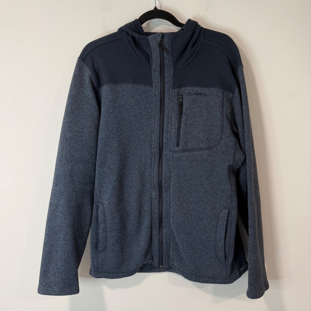 Simms Mens Full Zip Fleece Hoodie Large Blue Sweater Knit Jacket